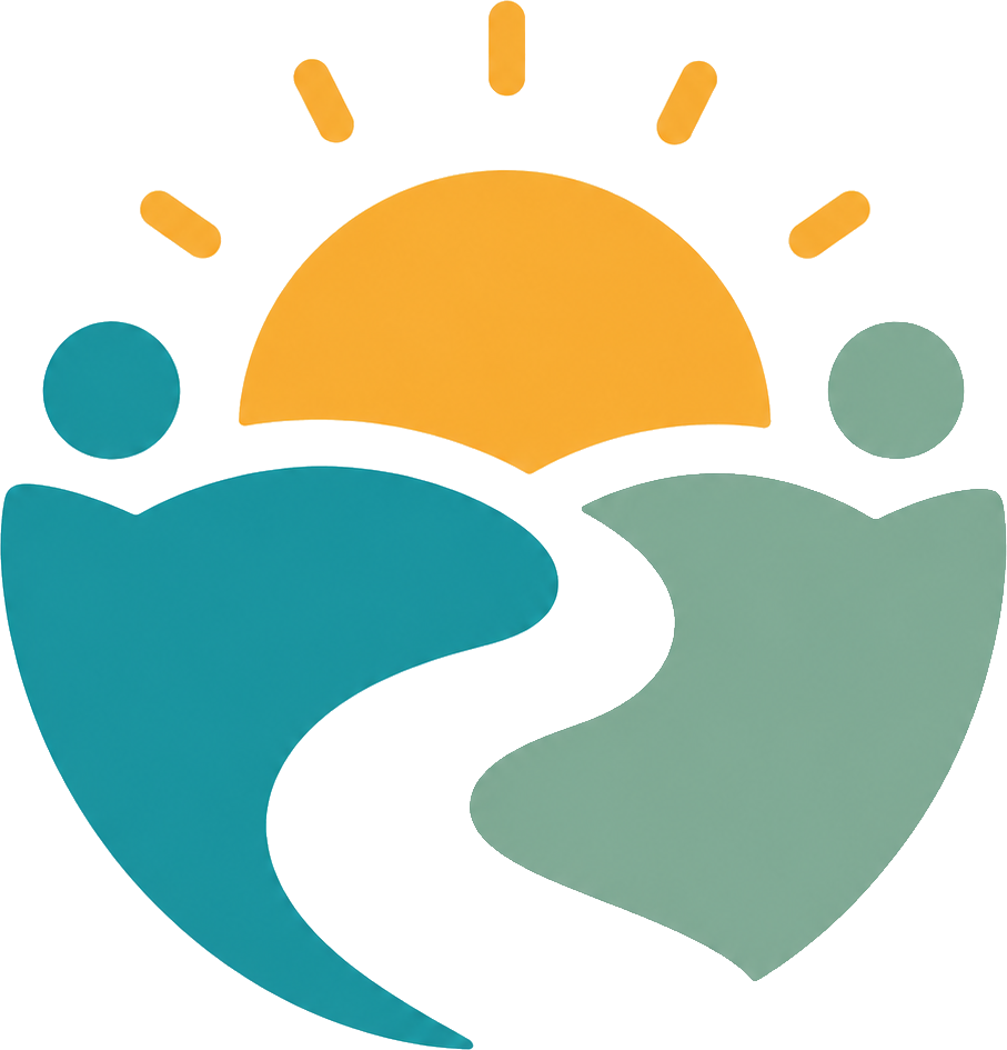 RiseWell logo: a rising sun above two figures